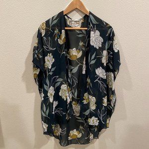 Emory Park Sheer Dark Floral Blue Cardigan Kimono Womens Medium